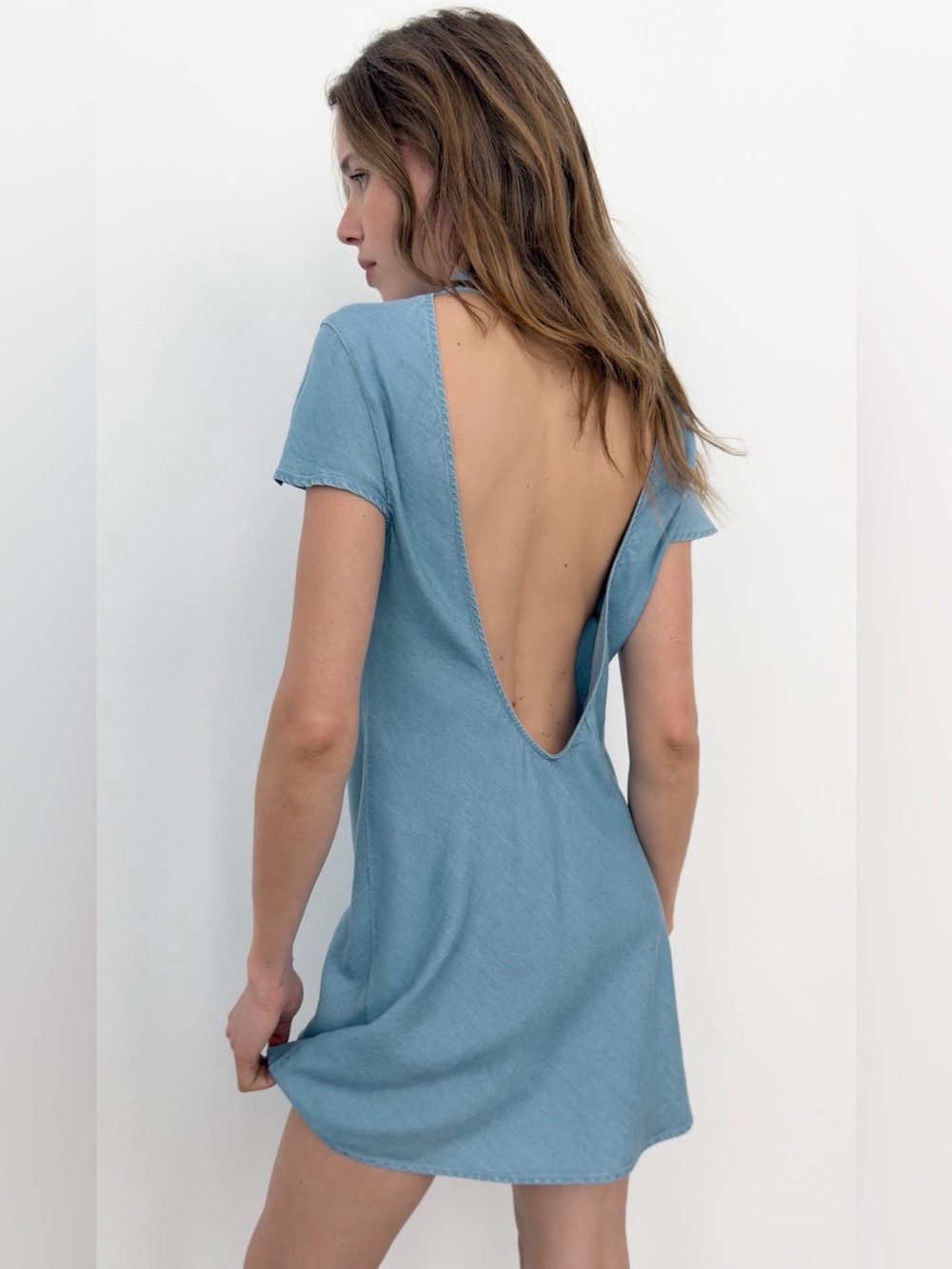 Zara Powder Blue Backless Short-Sleeve Mini Dress
